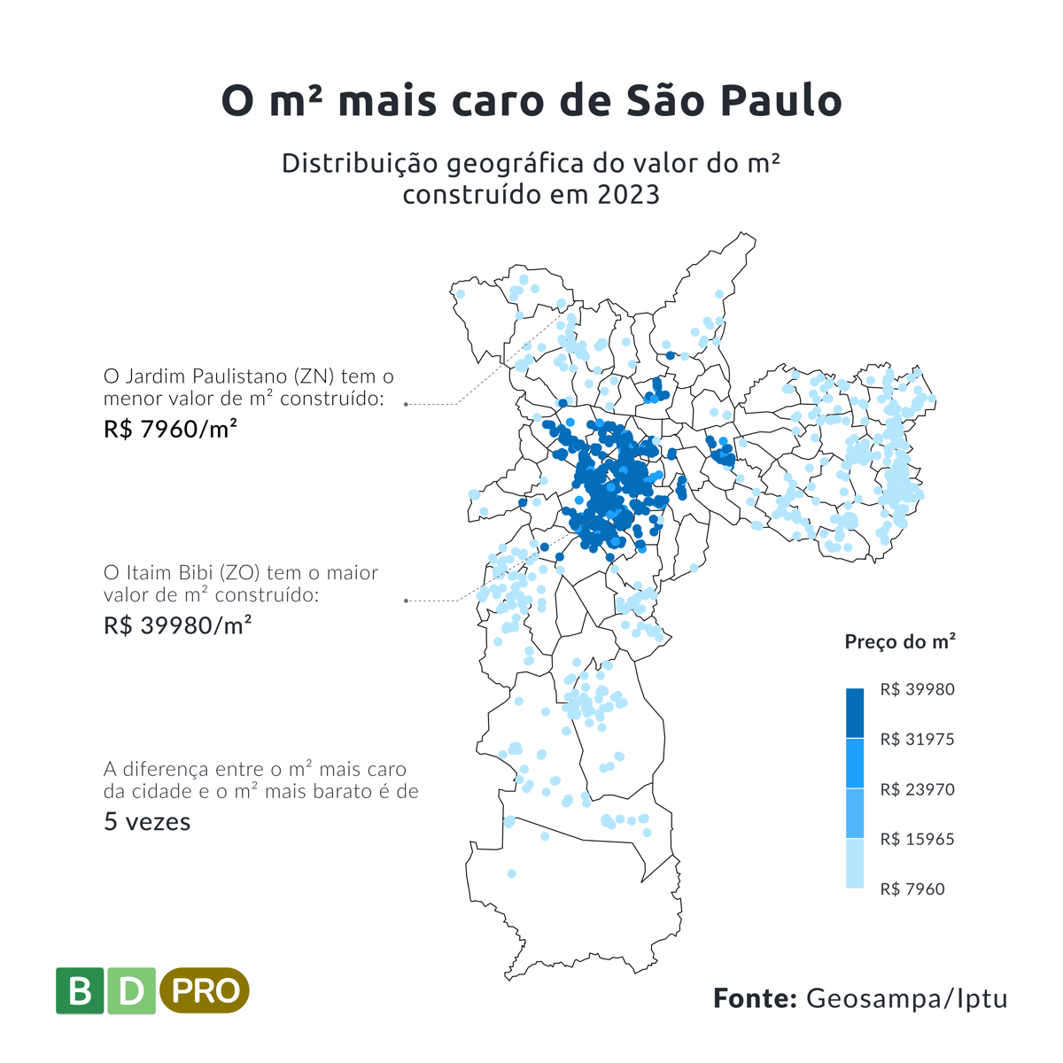 O metro quadrado mais caro de São Paulo: Distribuição geofráfica do valor do metro quadrado construído em 2023